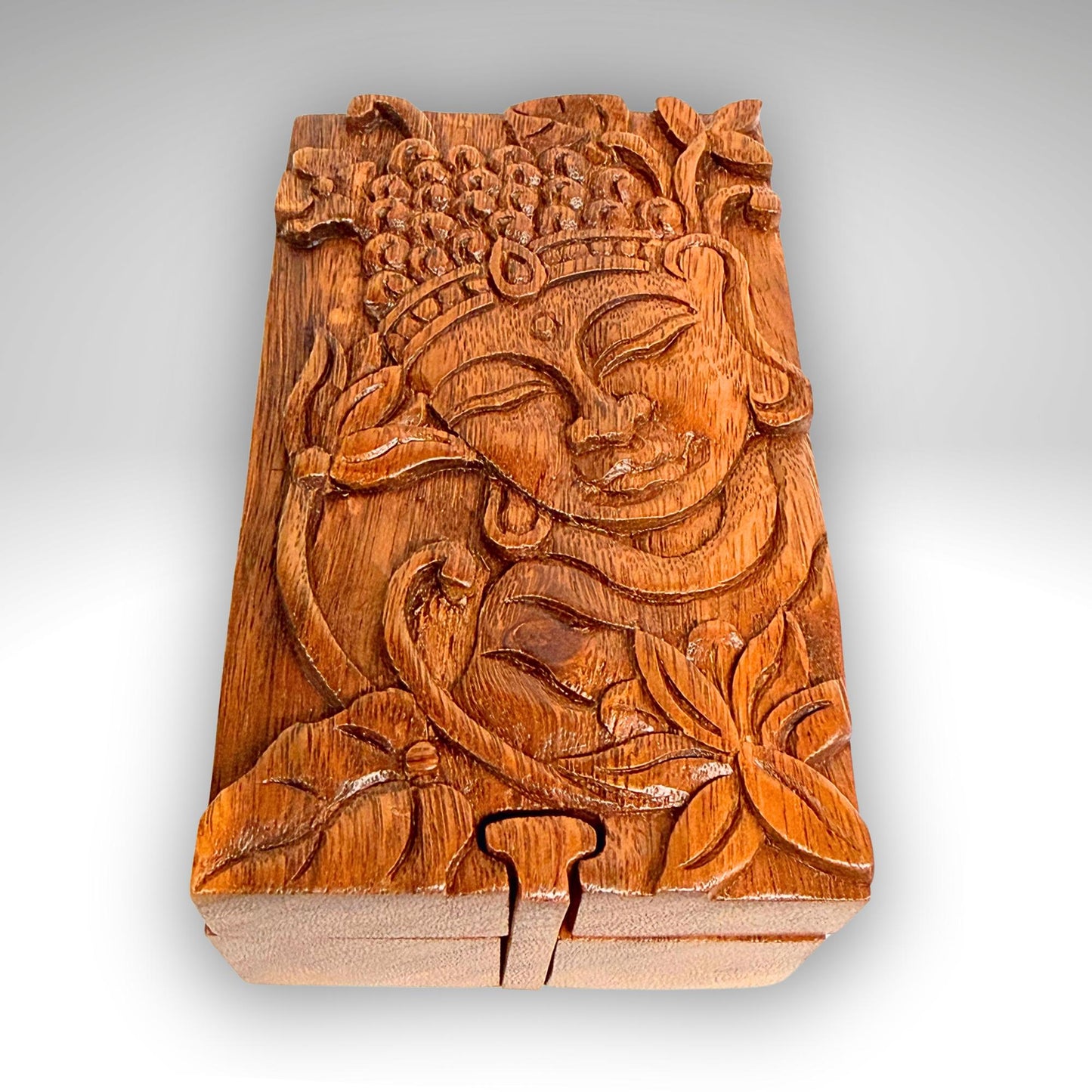 Carved Wood Buddha & Sacred Lotus Puzzle Box, Secret Stash Box