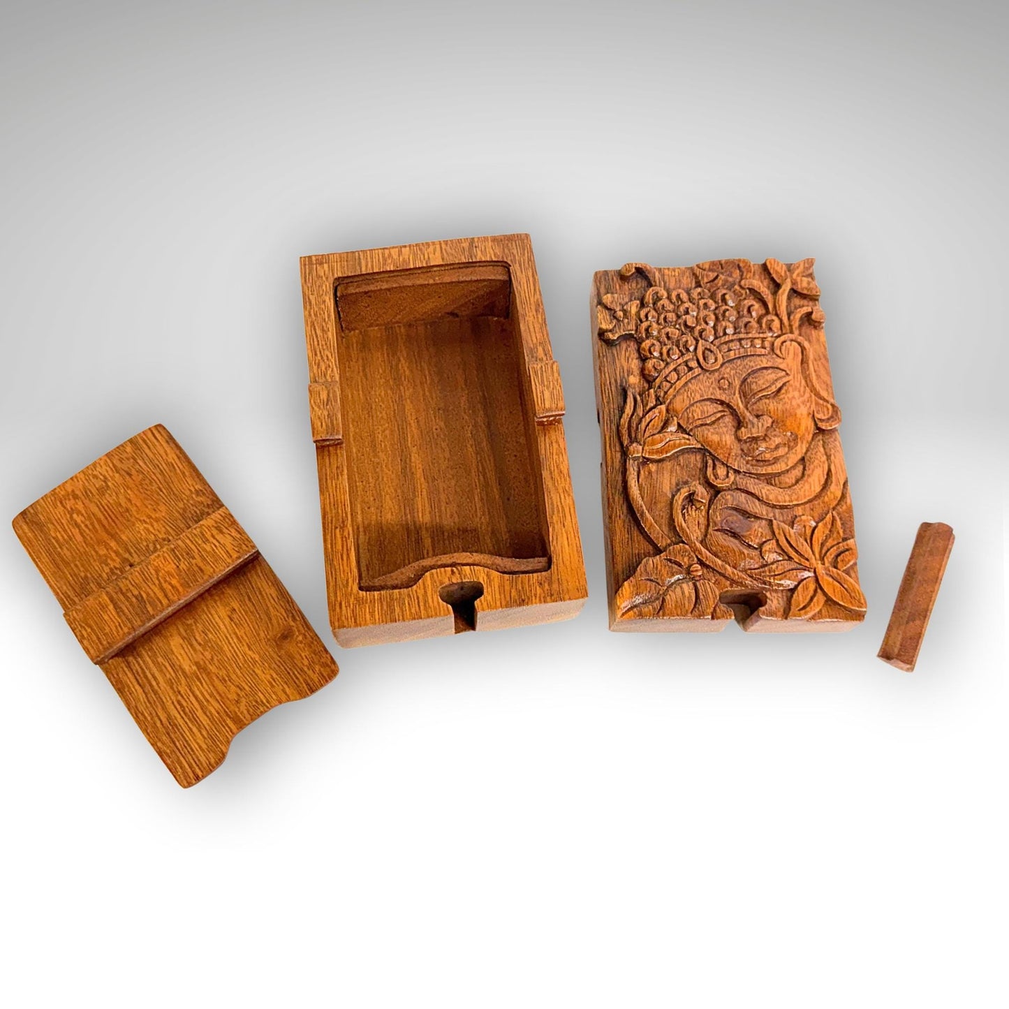 Carved Wood Buddha & Sacred Lotus Puzzle Box, Secret Stash Box