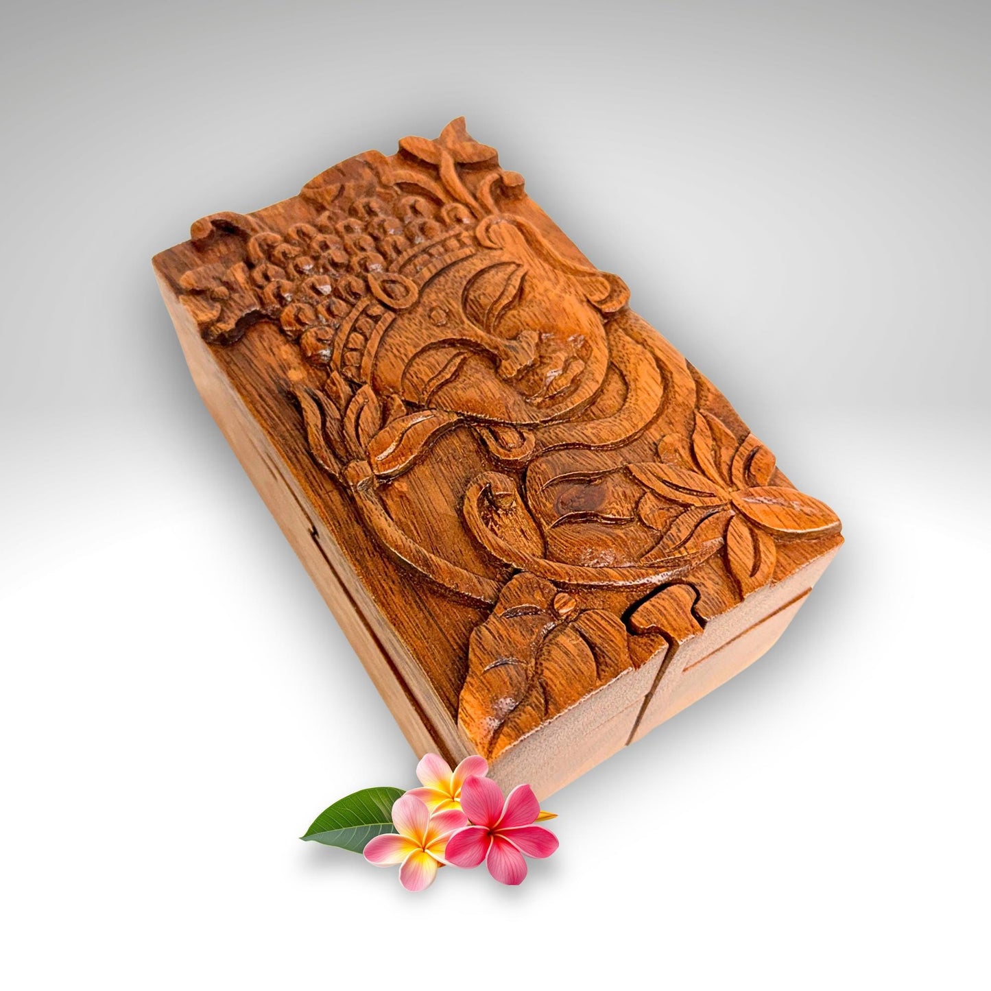 Carved Wood Buddha & Sacred Lotus Puzzle Box, Secret Stash Box
