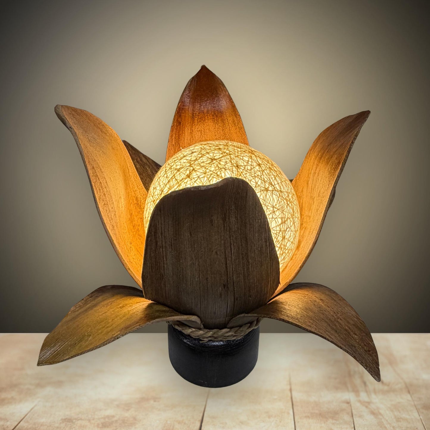 Handmade Palm Frond Lotus Table Lamp: Boho Accent Lighting