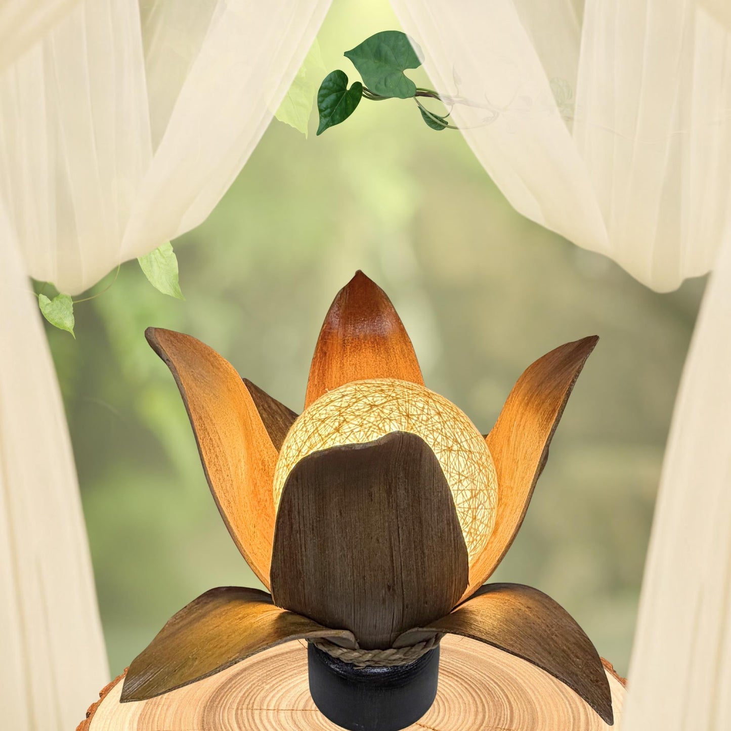 Handmade Palm Frond Lotus Table Lamp: Boho Accent Lighting