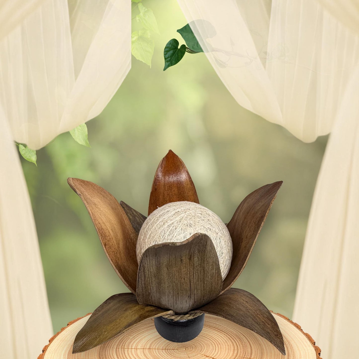 Handmade Palm Frond Lotus Table Lamp: Boho Accent Lighting