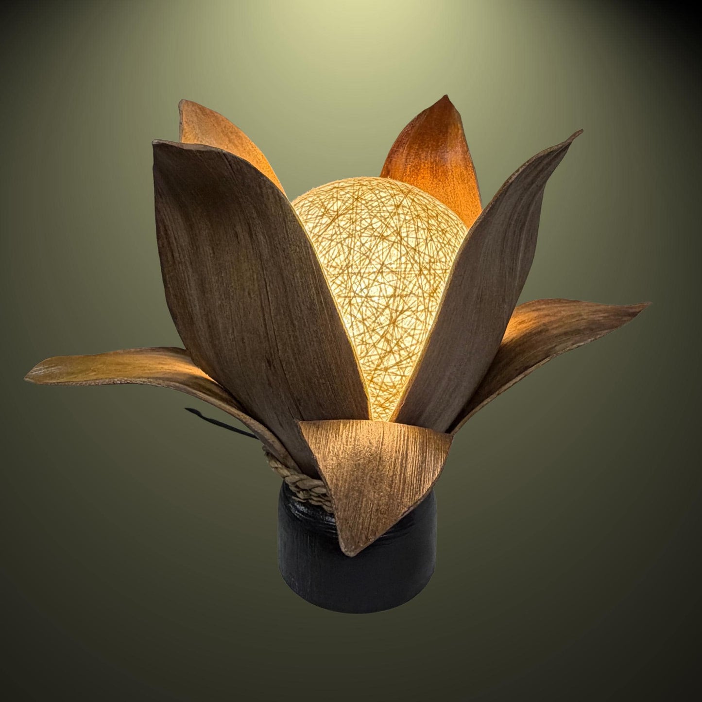 Handmade Palm Frond Lotus Table Lamp: Boho Accent Lighting