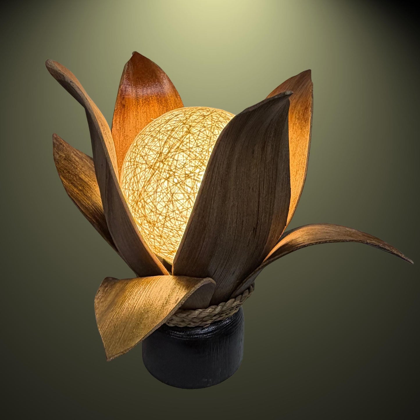 Handmade Palm Frond Lotus Table Lamp: Boho Accent Lighting