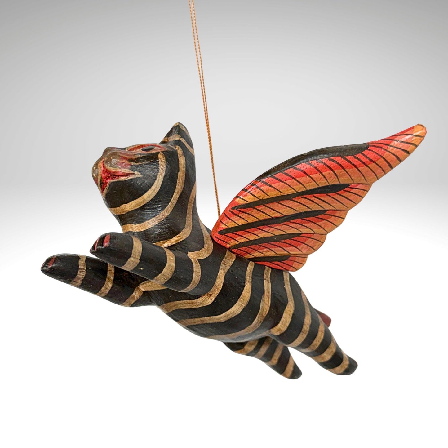 Flying Black Striped Tiger Cat Mobile, Carved Wood Balinese Demon Chaser Folk Art 6"