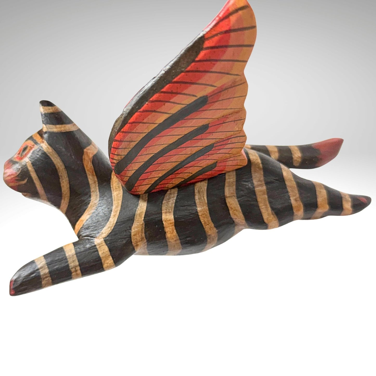 Flying Black Striped Tiger Cat Mobile, Carved Wood Balinese Demon Chaser Folk Art 6"