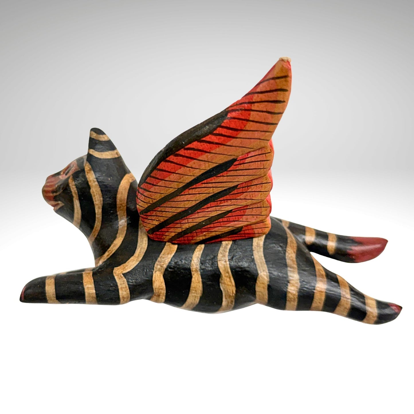 Flying Black Striped Tiger Cat Mobile, Carved Wood Balinese Demon Chaser Folk Art 6"