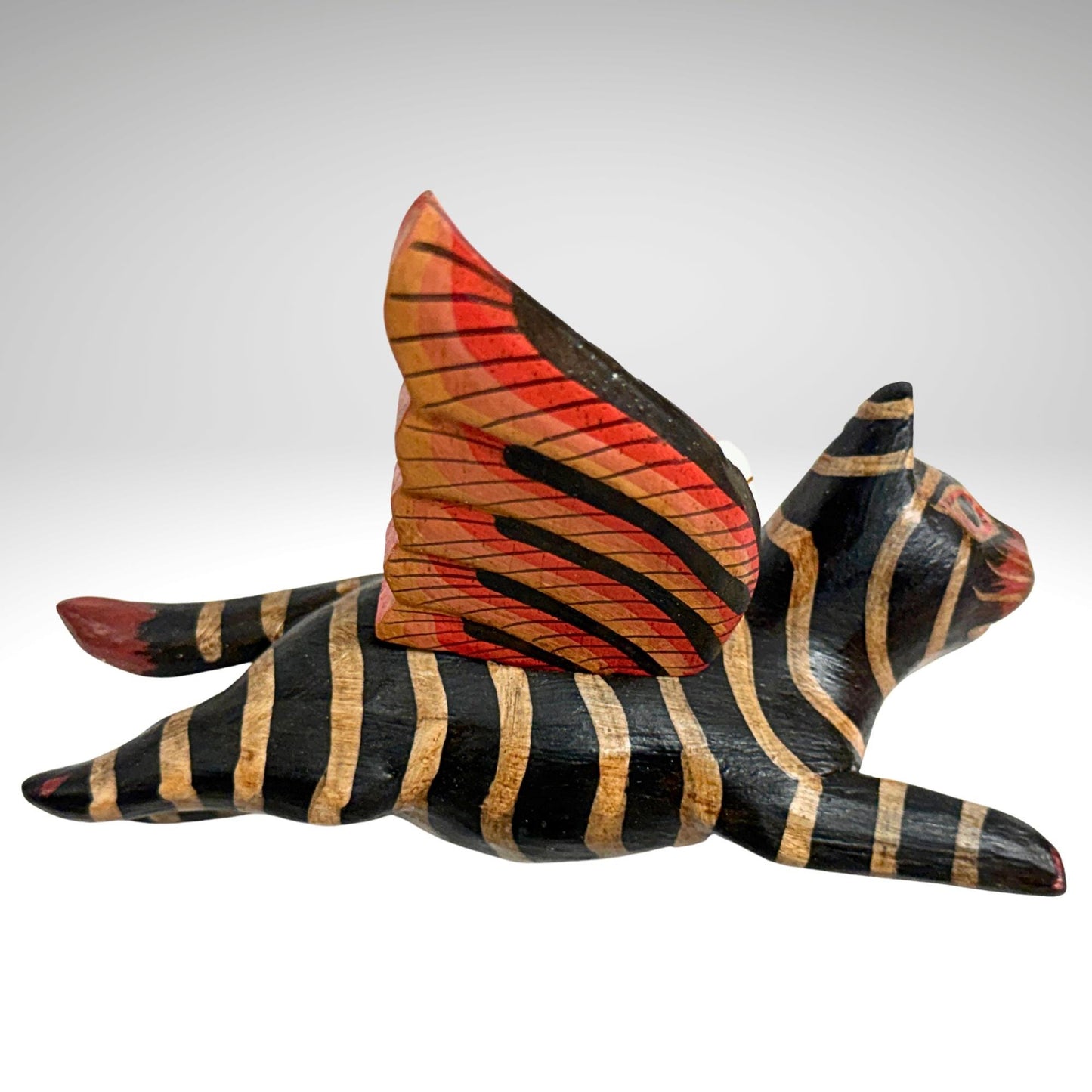 Flying Black Striped Tiger Cat Mobile, Carved Wood Balinese Demon Chaser Folk Art 6"