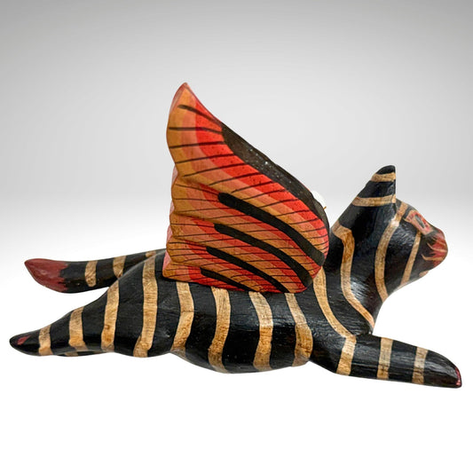 Flying Black Striped Tiger Cat Mobile, Carved Wood Balinese Demon Chaser Folk Art 6"
