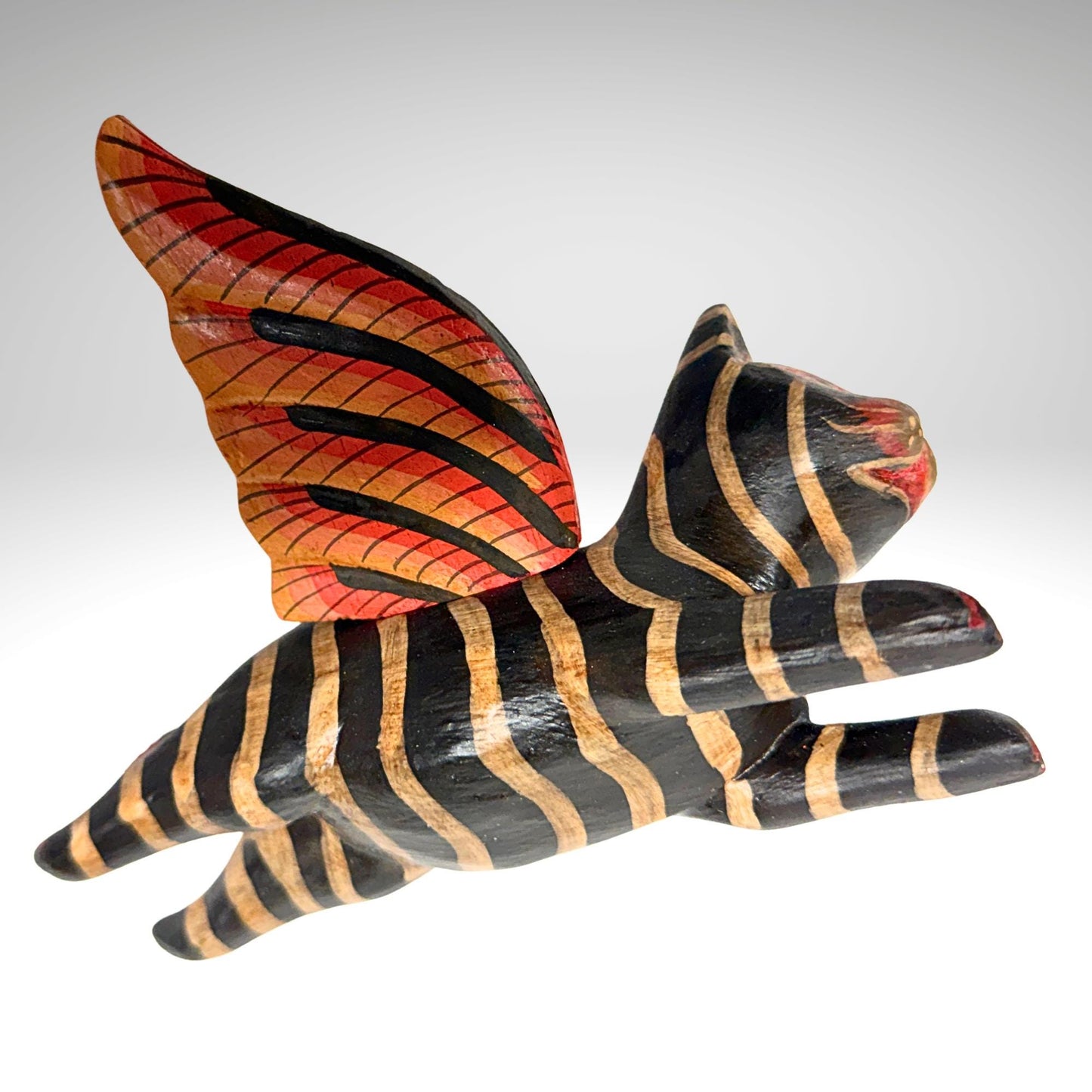 Flying Black Striped Tiger Cat Mobile, Carved Wood Balinese Demon Chaser Folk Art 6"