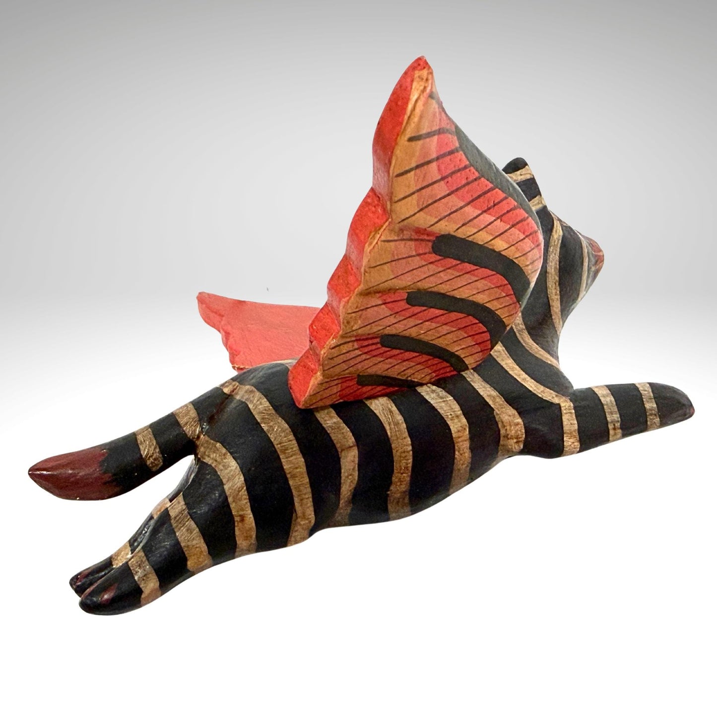 Flying Black Striped Tiger Cat Mobile, Carved Wood Balinese Demon Chaser Folk Art 6"