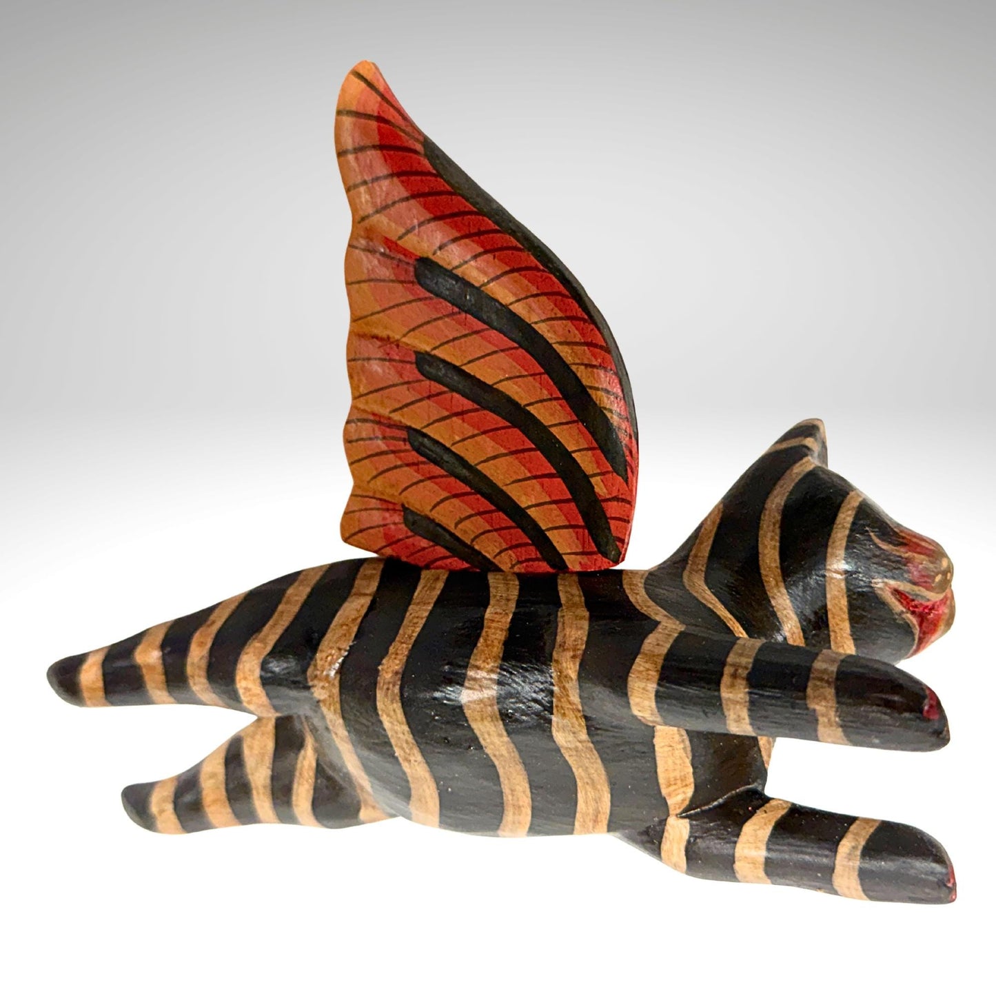 Flying Black Striped Tiger Cat Mobile, Carved Wood Balinese Demon Chaser Folk Art 6"