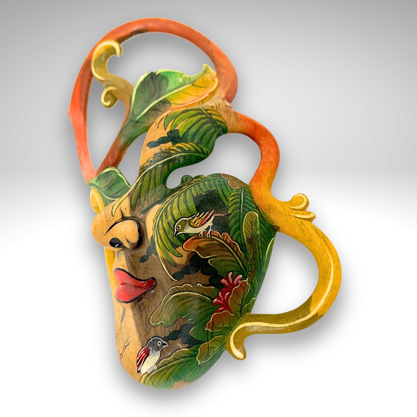 Carved Abstract Balinese Goddess Mask: Hand Painted Batuan Style Wood Carving