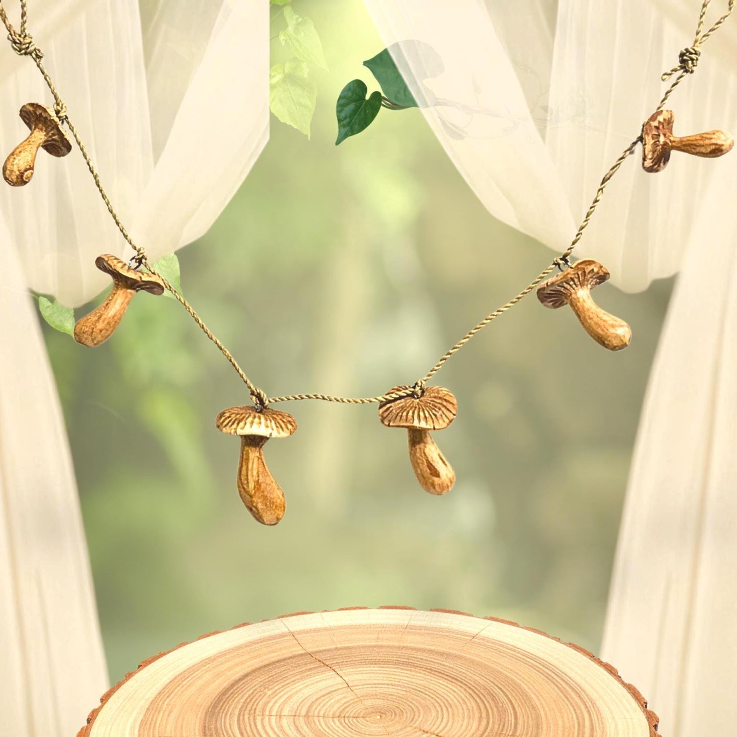 Hand Carved Forest Mushroom Garland : Balinese Fungi Wood Art Wall Decor