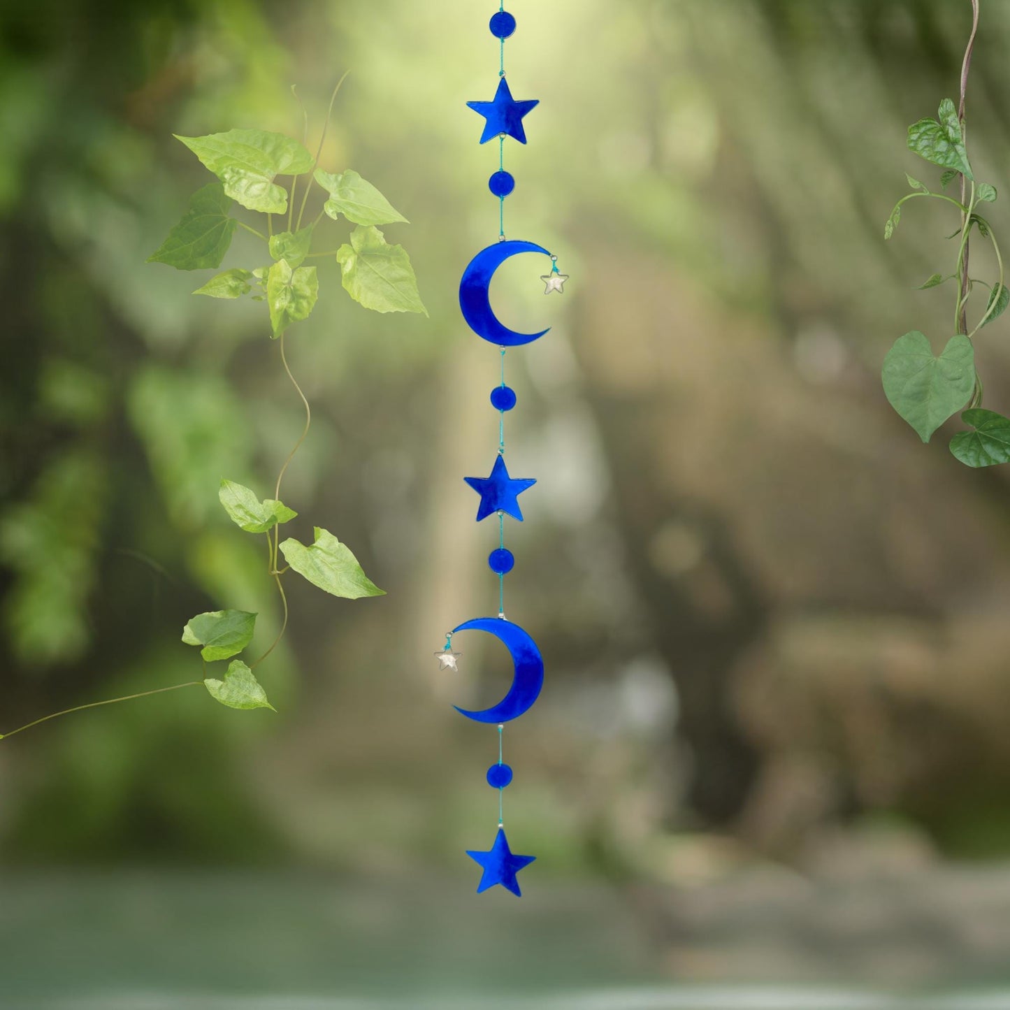 Celestial Moon & Stars  Sun Catcher Hanging Mobile : Whimsical Blue Crescent Moon decor