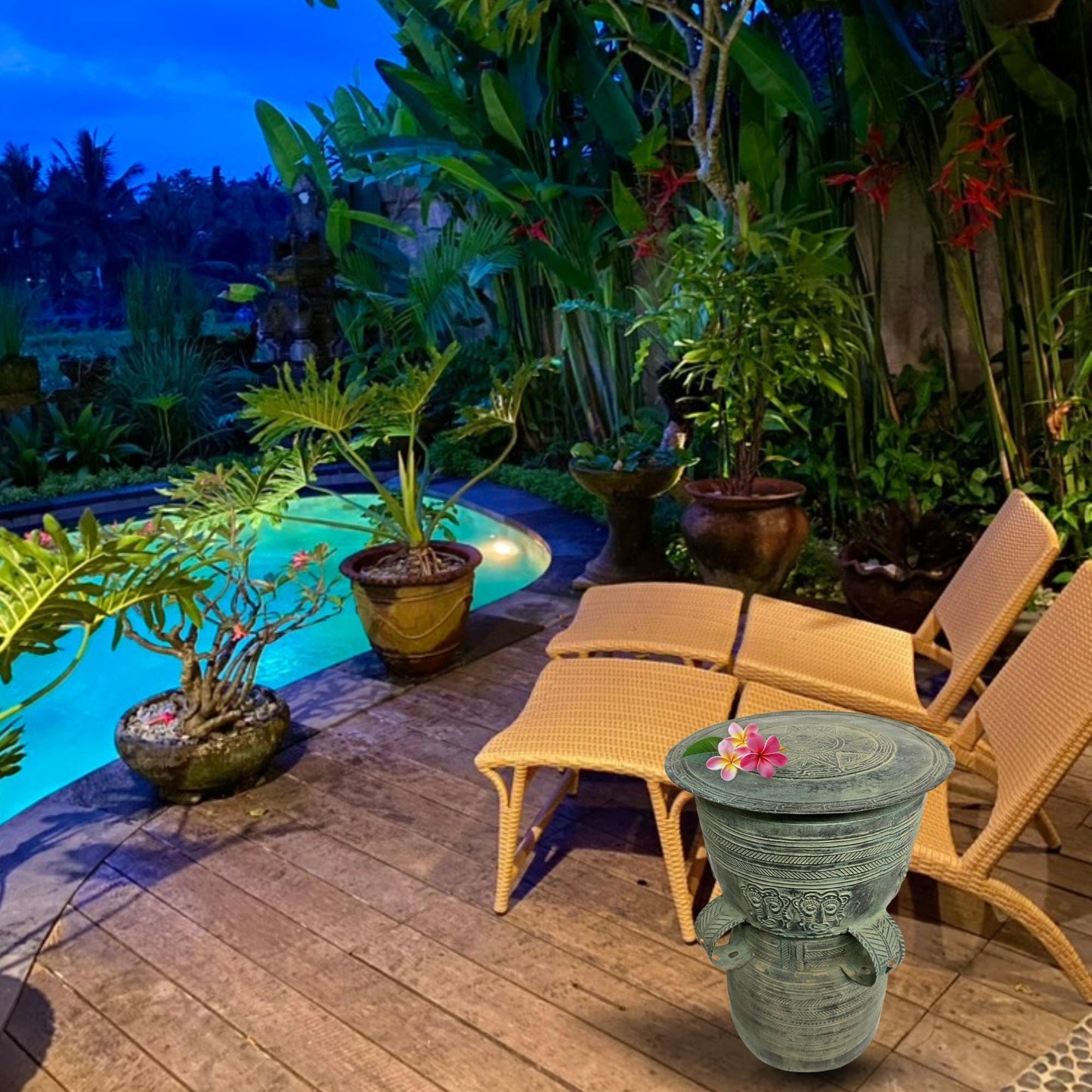 Vintage Balinese Bronze Rain Drum:  Garden Sculpture Side Table Indonesian Ethnographic Art