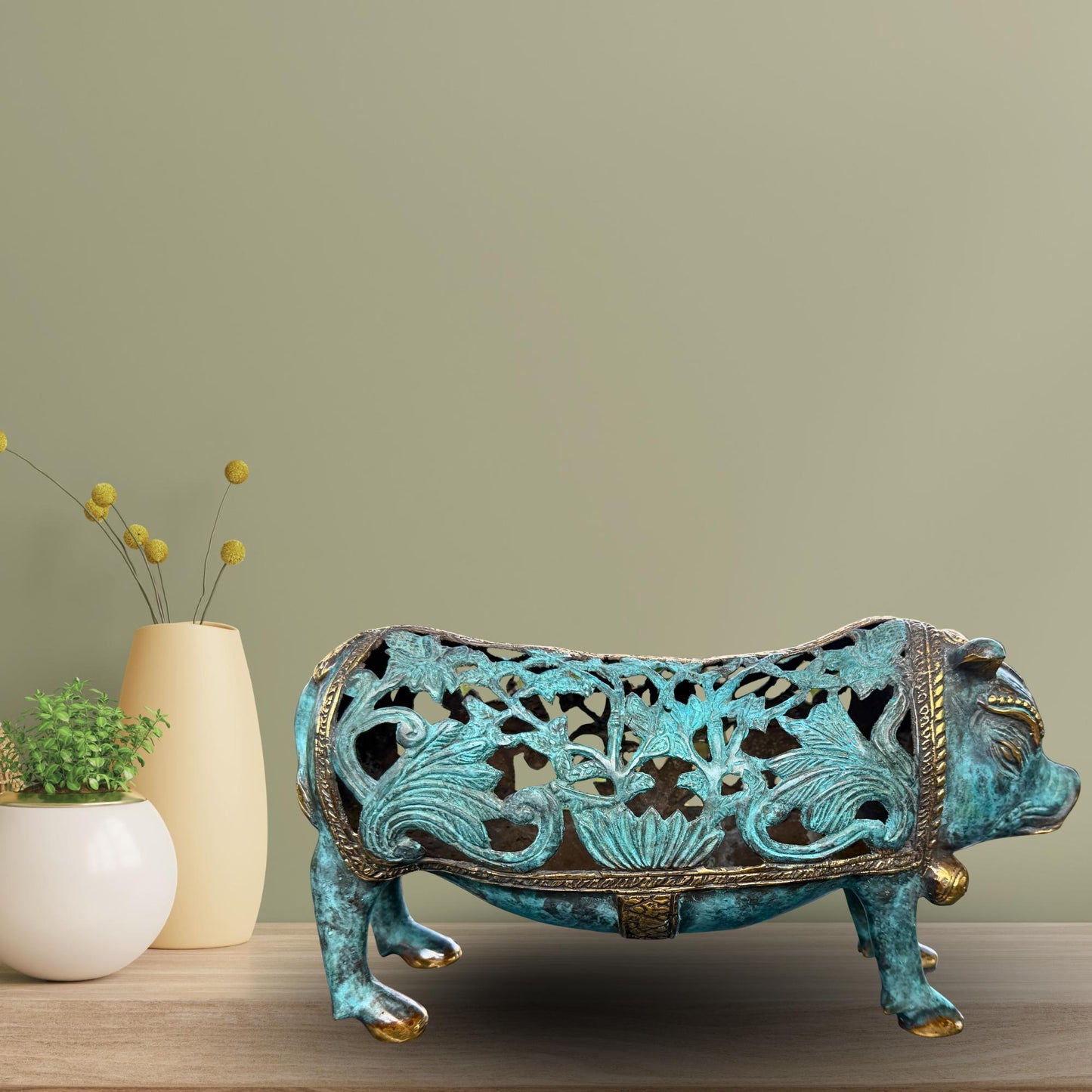 Stylized Bronze Pig Sculpture - Balinese Art lost wax Cast Statue