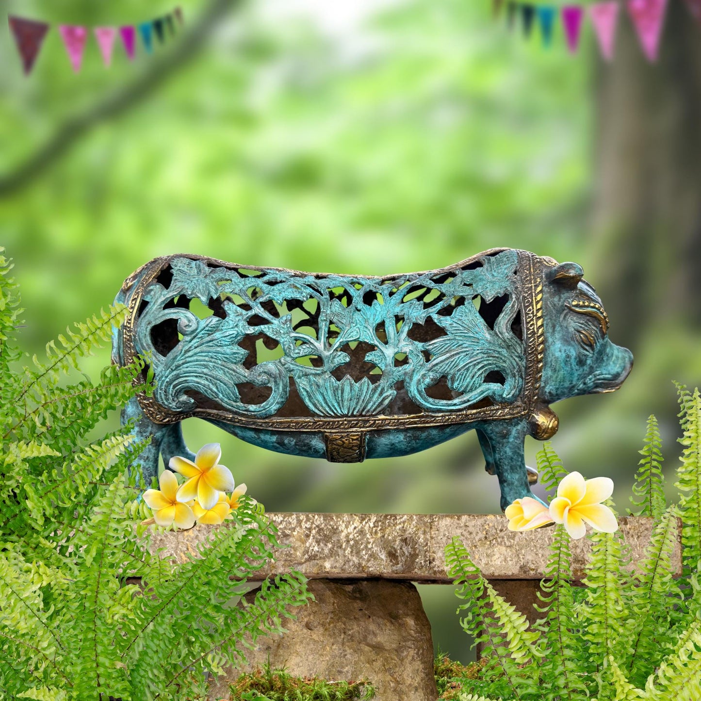 Stylized Bronze Pig Sculpture - Balinese Art lost wax Cast Statue