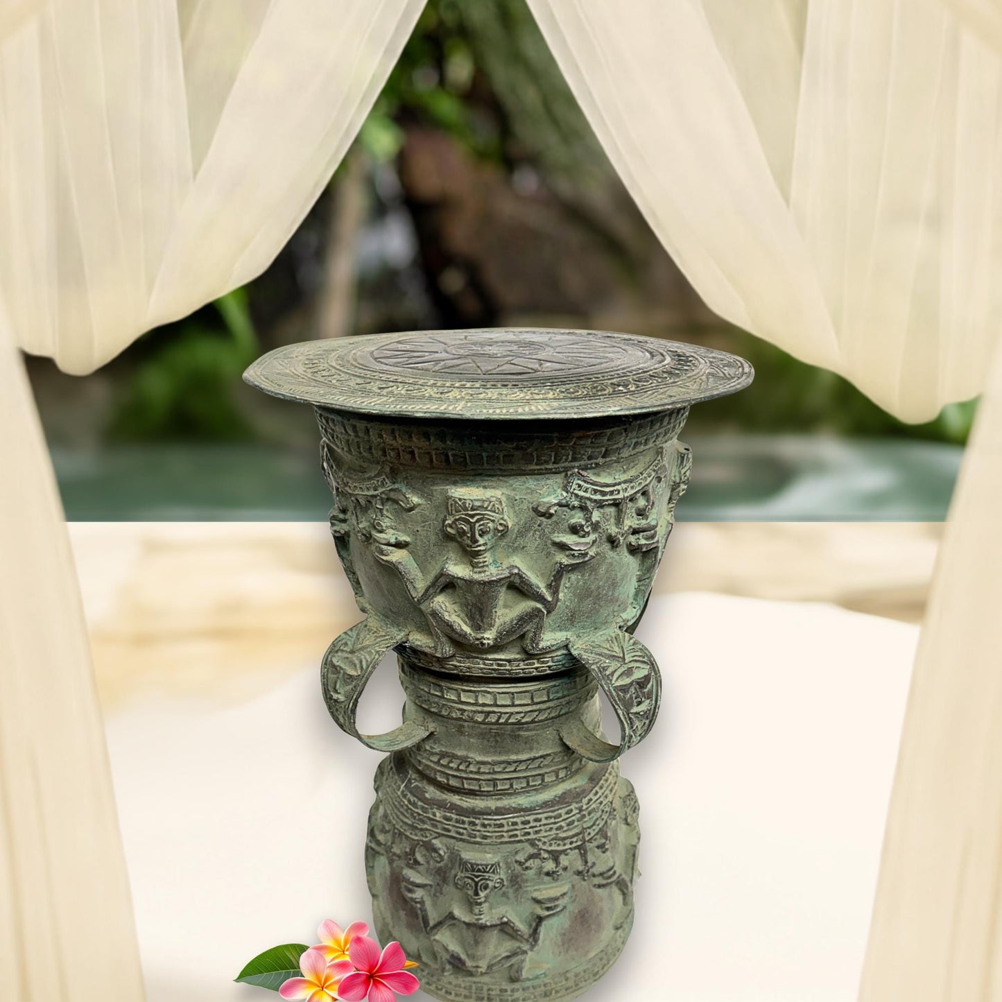 Vintage Balinese Bronze Rain Drum Side Table: Indonesian Art