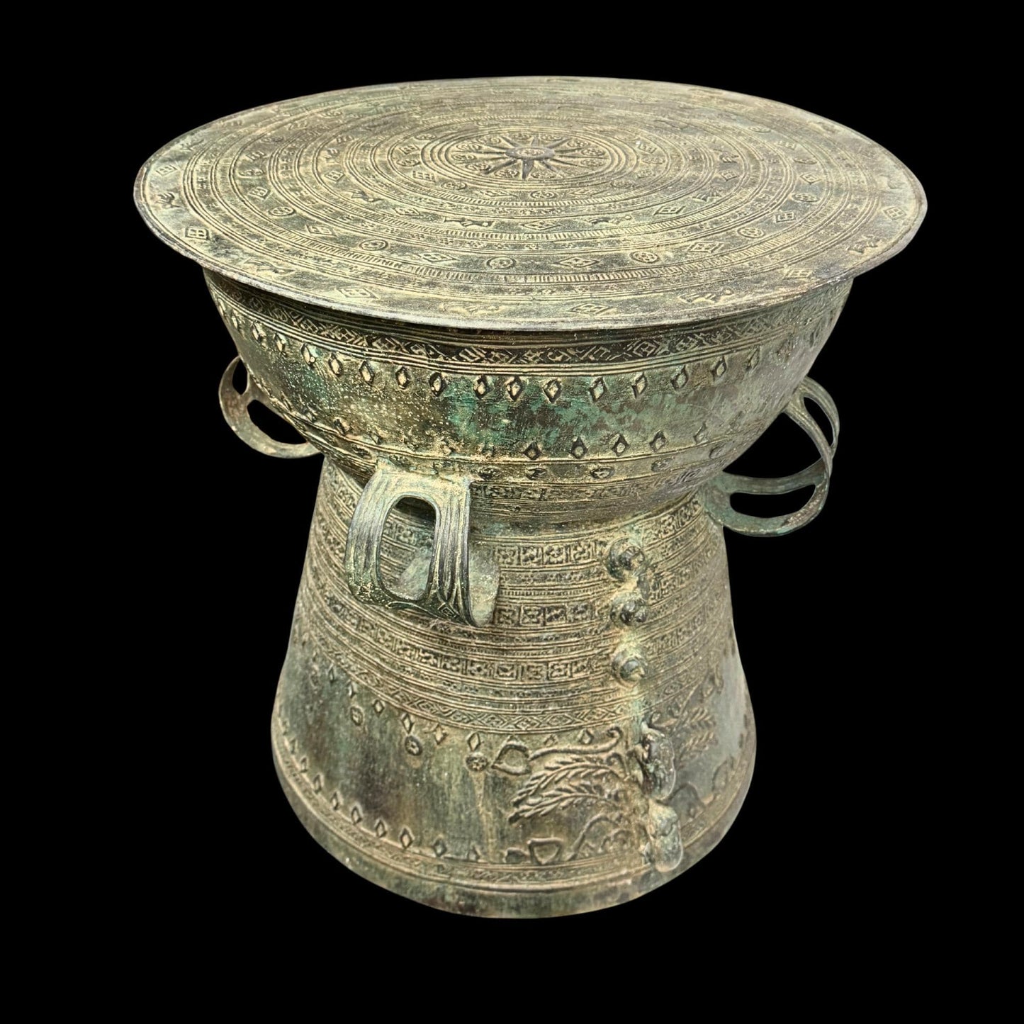 Vintage Bronze Rain Drum Side Table: Balinese Garden Art, Plant Stand with Verdigris Patina