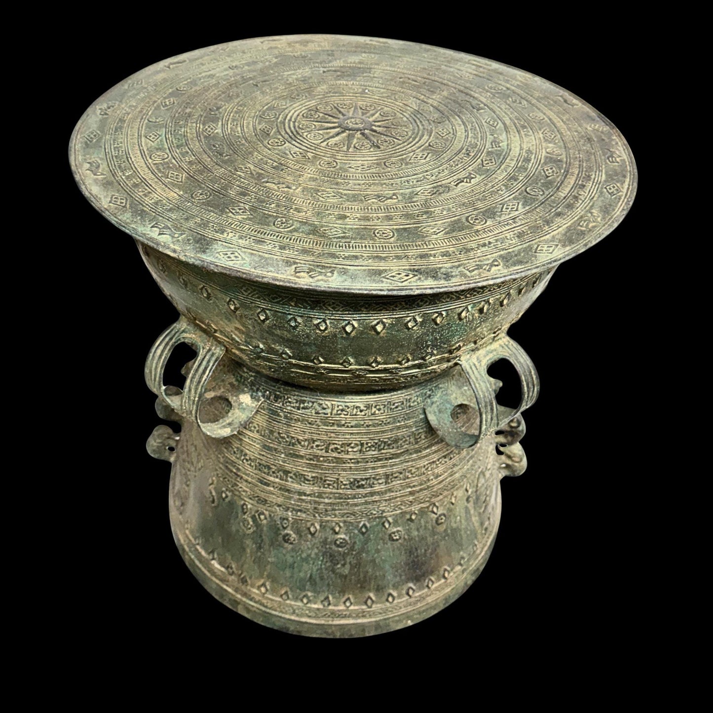 Vintage Bronze Rain Drum Side Table: Balinese Garden Art, Plant Stand with Verdigris Patina