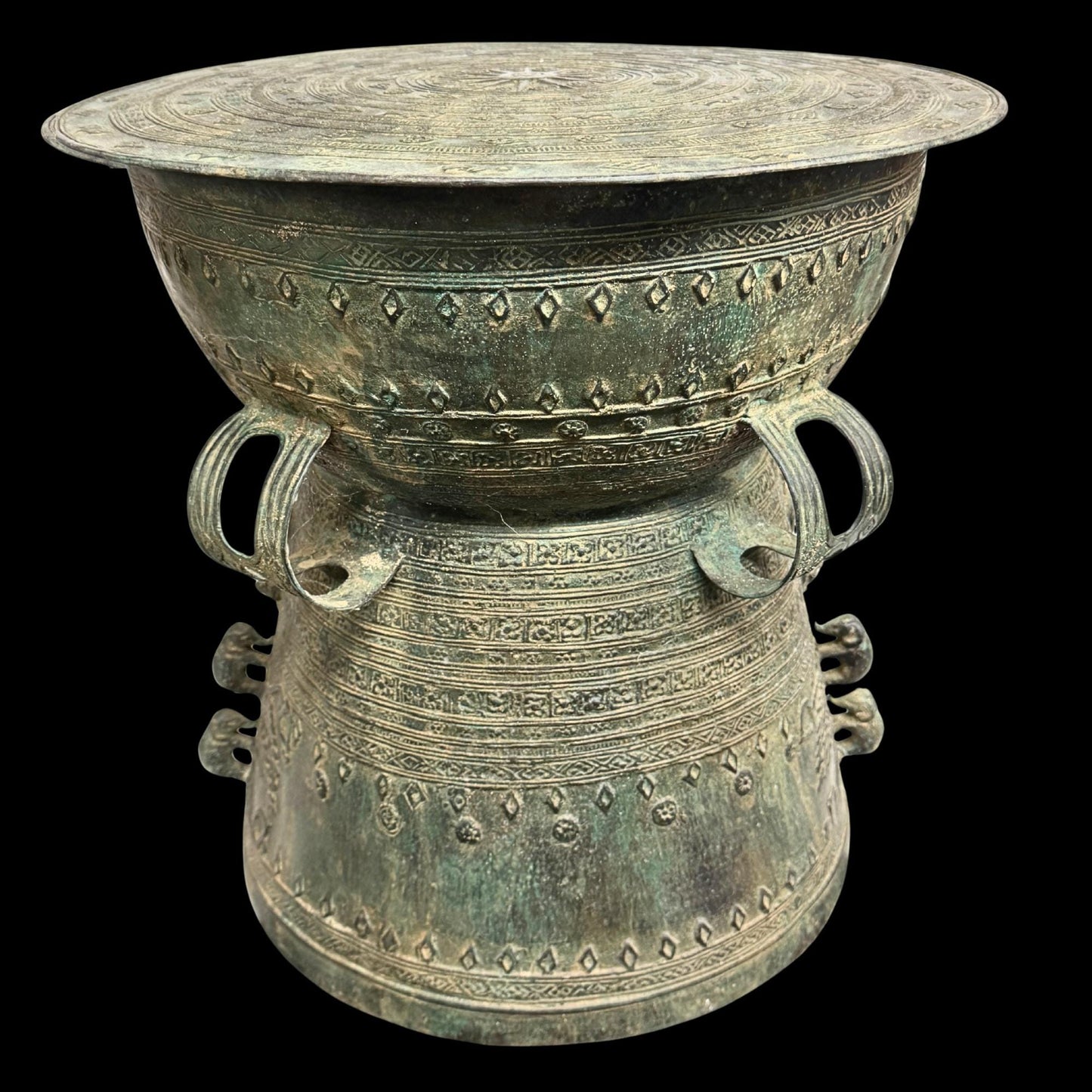 Vintage Bronze Rain Drum Side Table: Balinese Garden Art, Plant Stand with Verdigris Patina