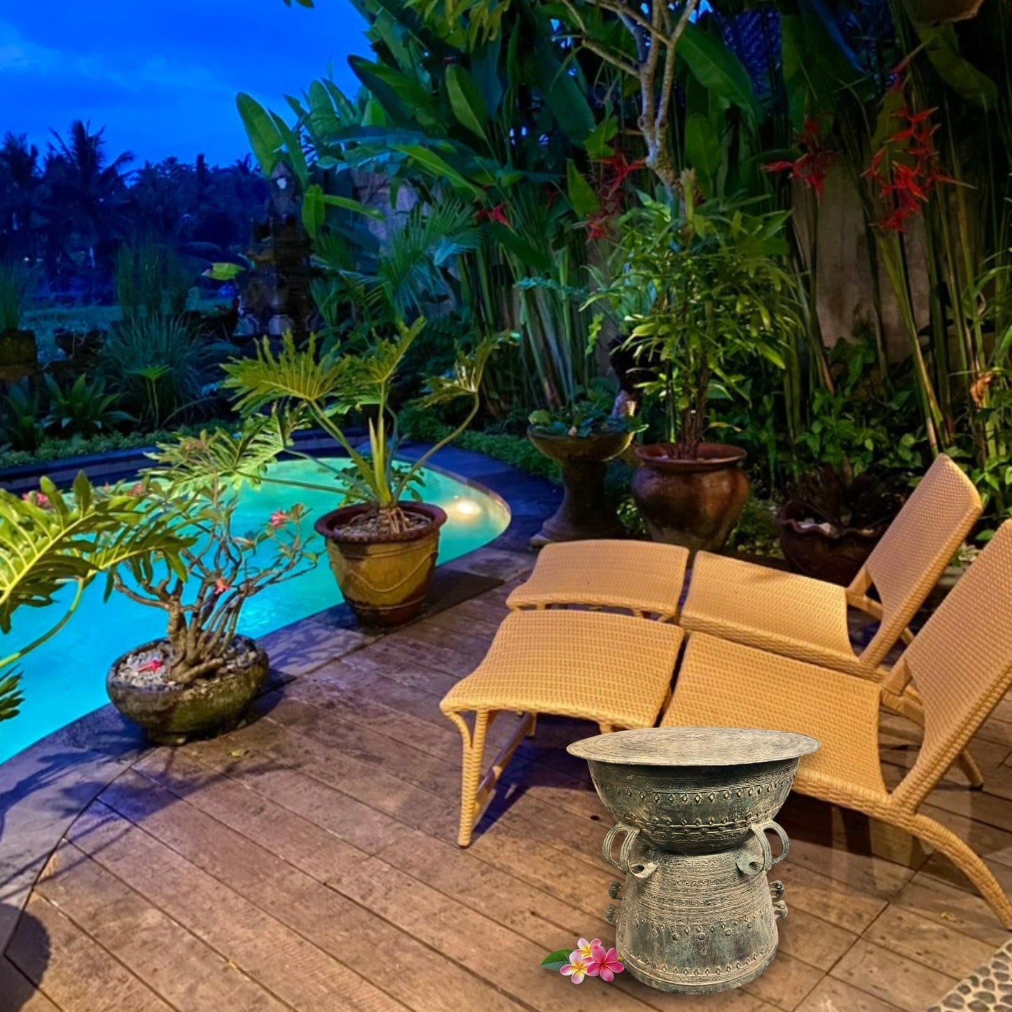 Vintage Bronze Rain Drum Side Table: Balinese Garden Art, Plant Stand with Verdigris Patina
