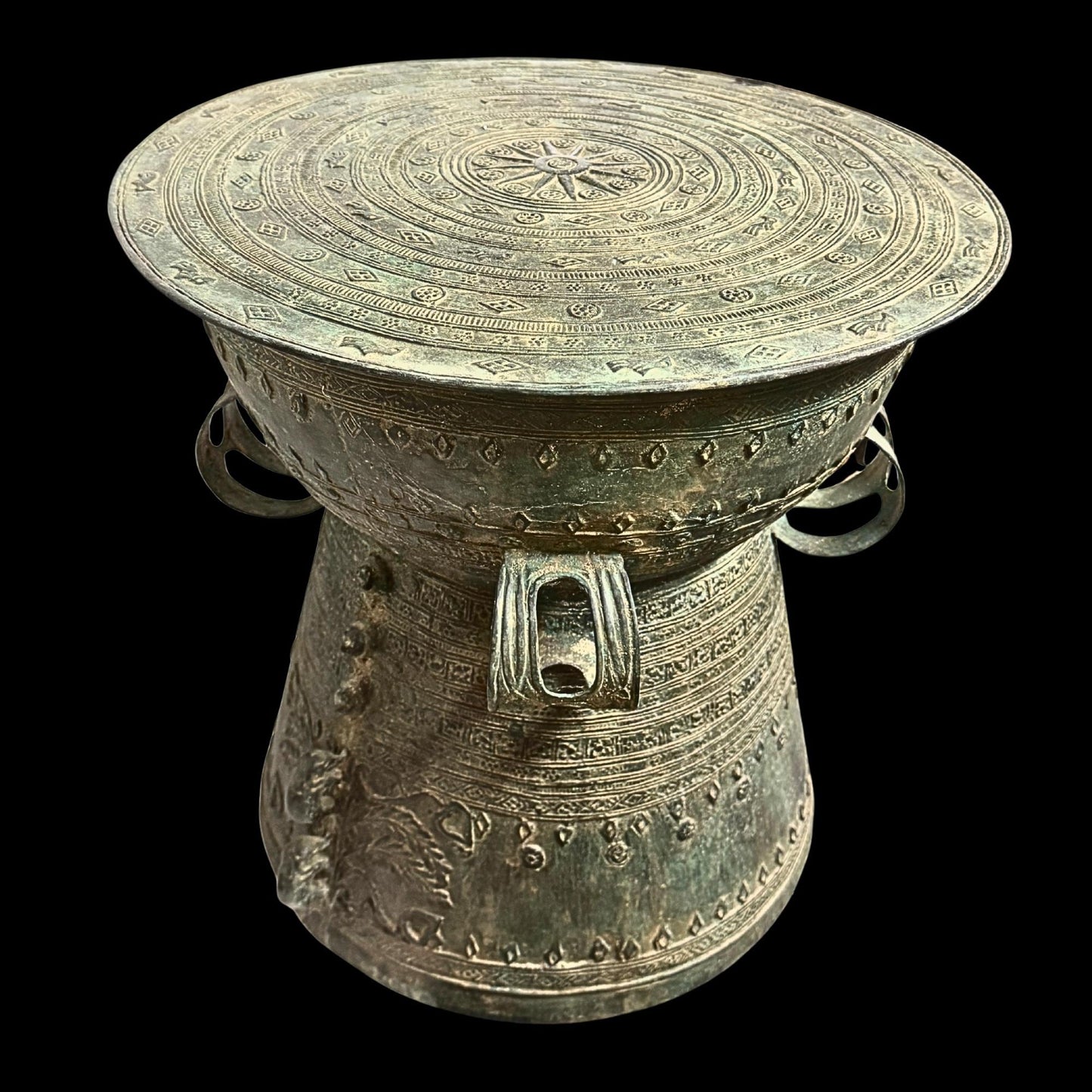 Vintage Bronze Rain Drum Side Table: Balinese Garden Art, Plant Stand with Verdigris Patina