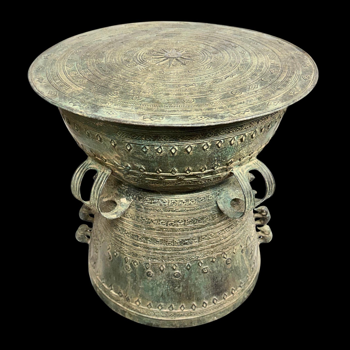 Vintage Bronze Rain Drum Side Table: Balinese Garden Art, Plant Stand with Verdigris Patina