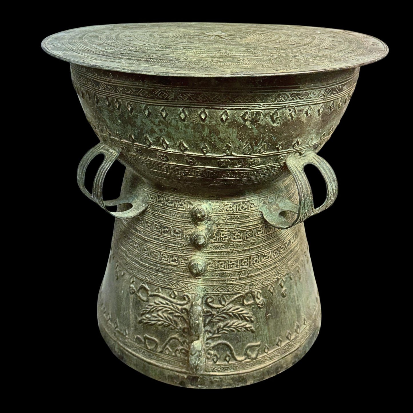 Vintage Bronze Rain Drum Side Table: Balinese Garden Art, Plant Stand with Verdigris Patina