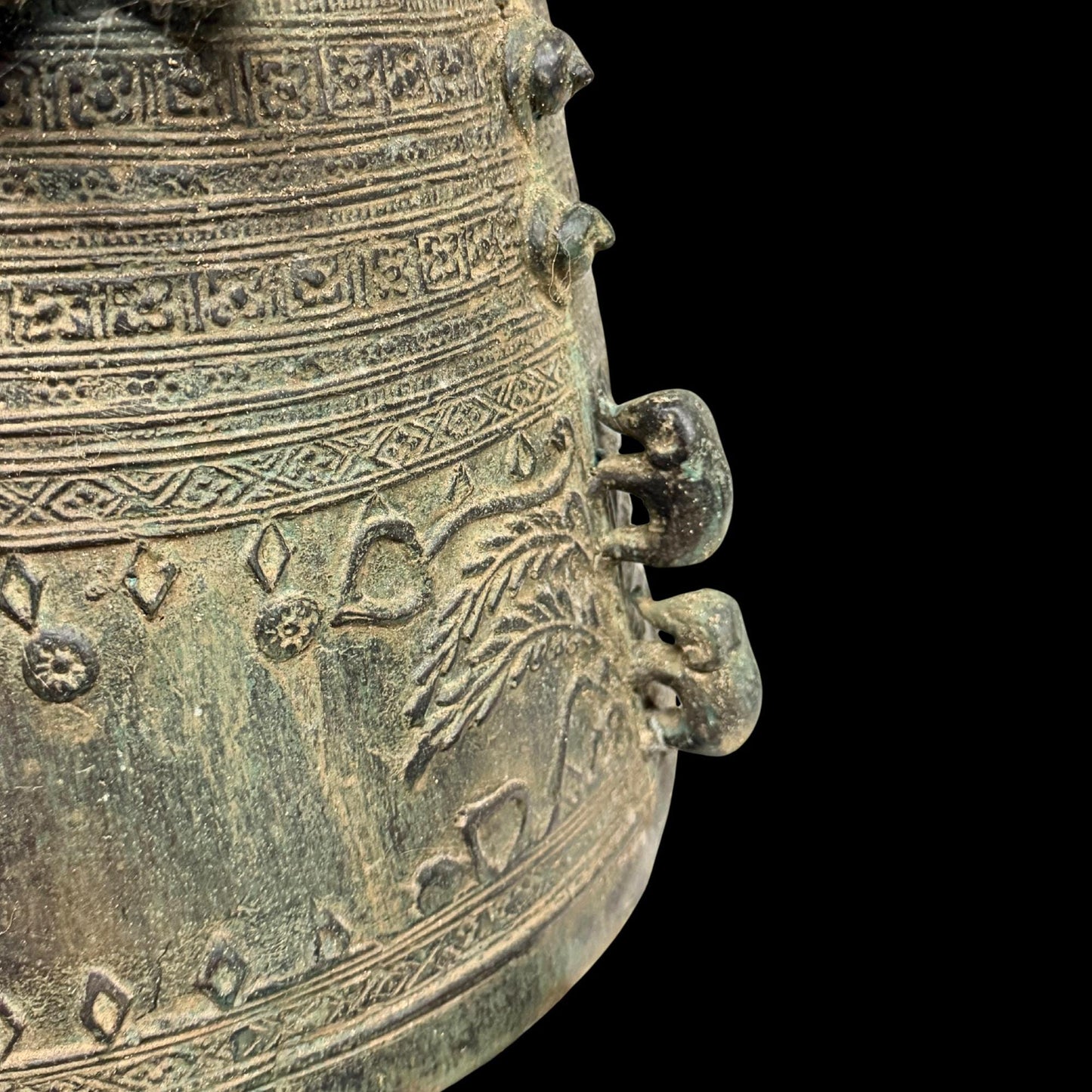 Vintage Bronze Rain Drum Side Table: Balinese Garden Art, Plant Stand with Verdigris Patina