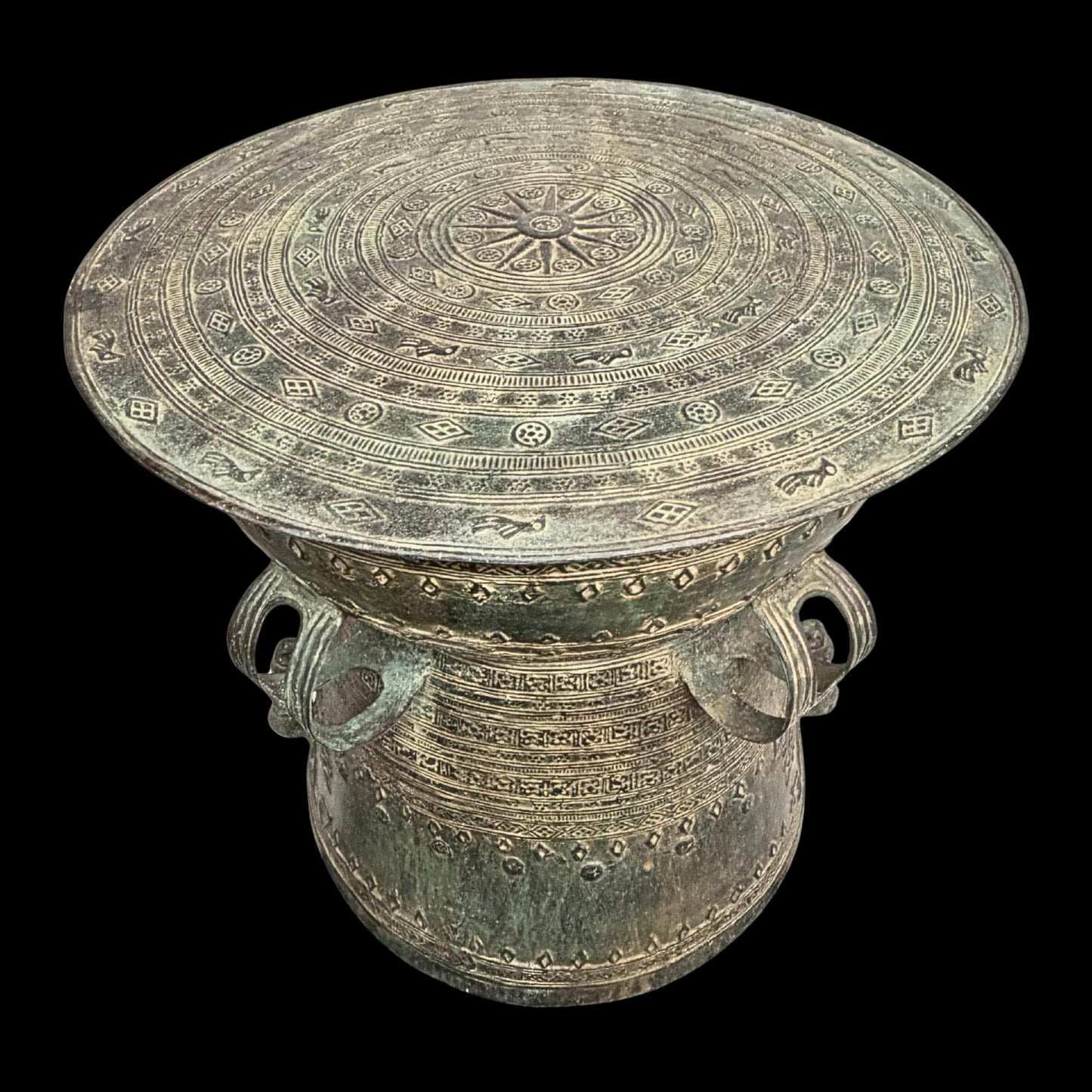 Vintage Bronze Rain Drum Side Table: Balinese Garden Art, Plant Stand with Verdigris Patina