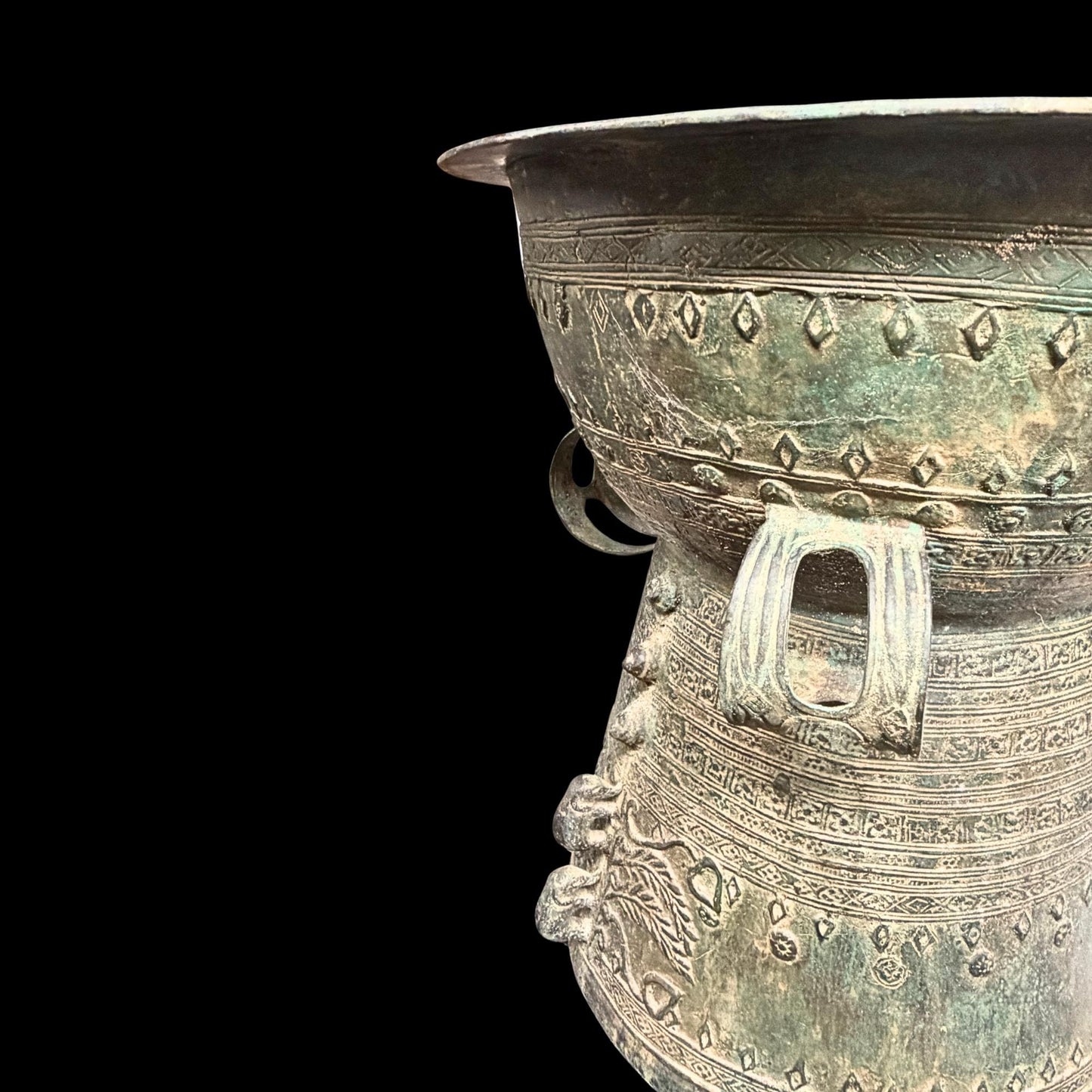 Vintage Bronze Rain Drum Side Table: Balinese Garden Art, Plant Stand with Verdigris Patina
