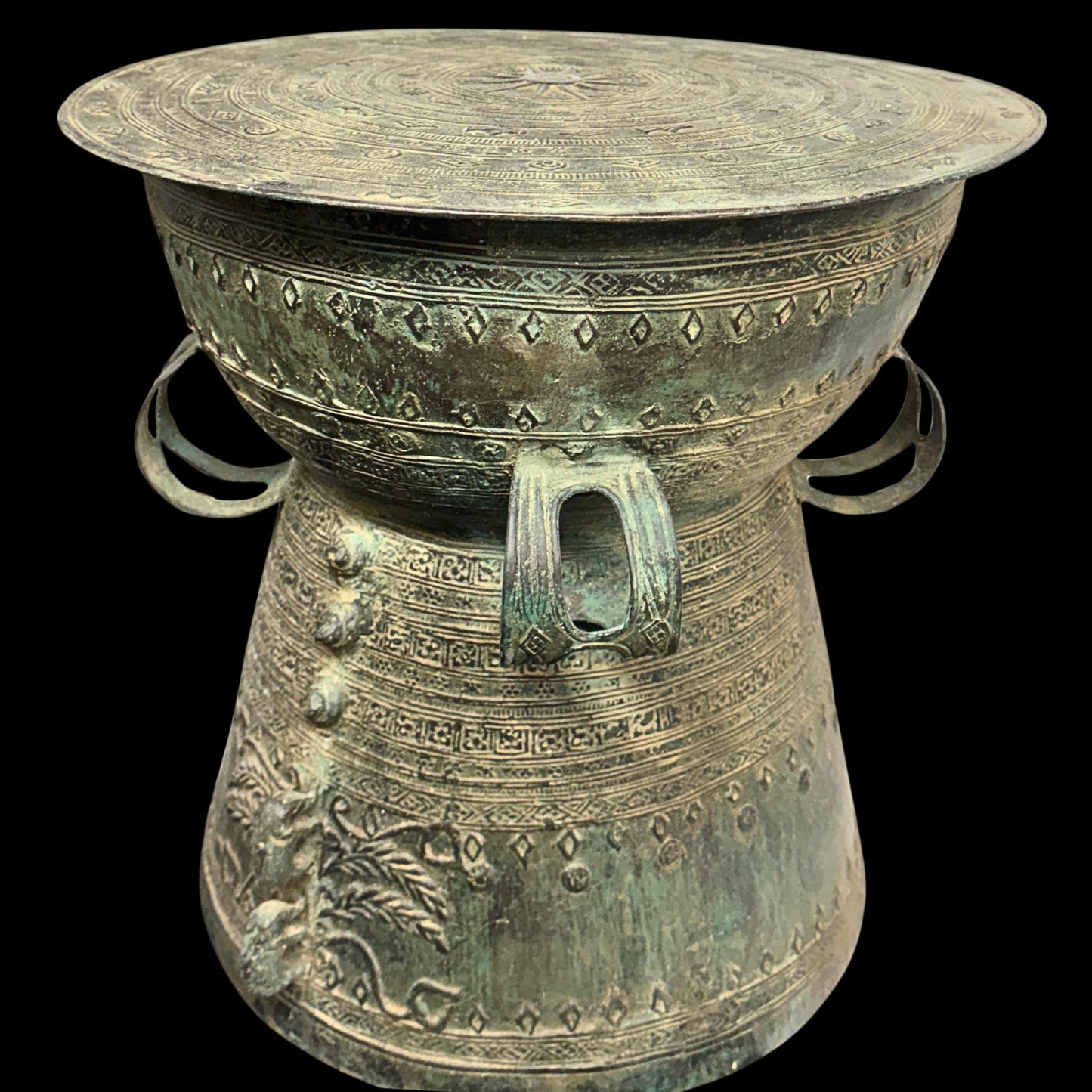 Vintage Bronze Rain Drum Side Table: Balinese Garden Art, Plant Stand with Verdigris Patina