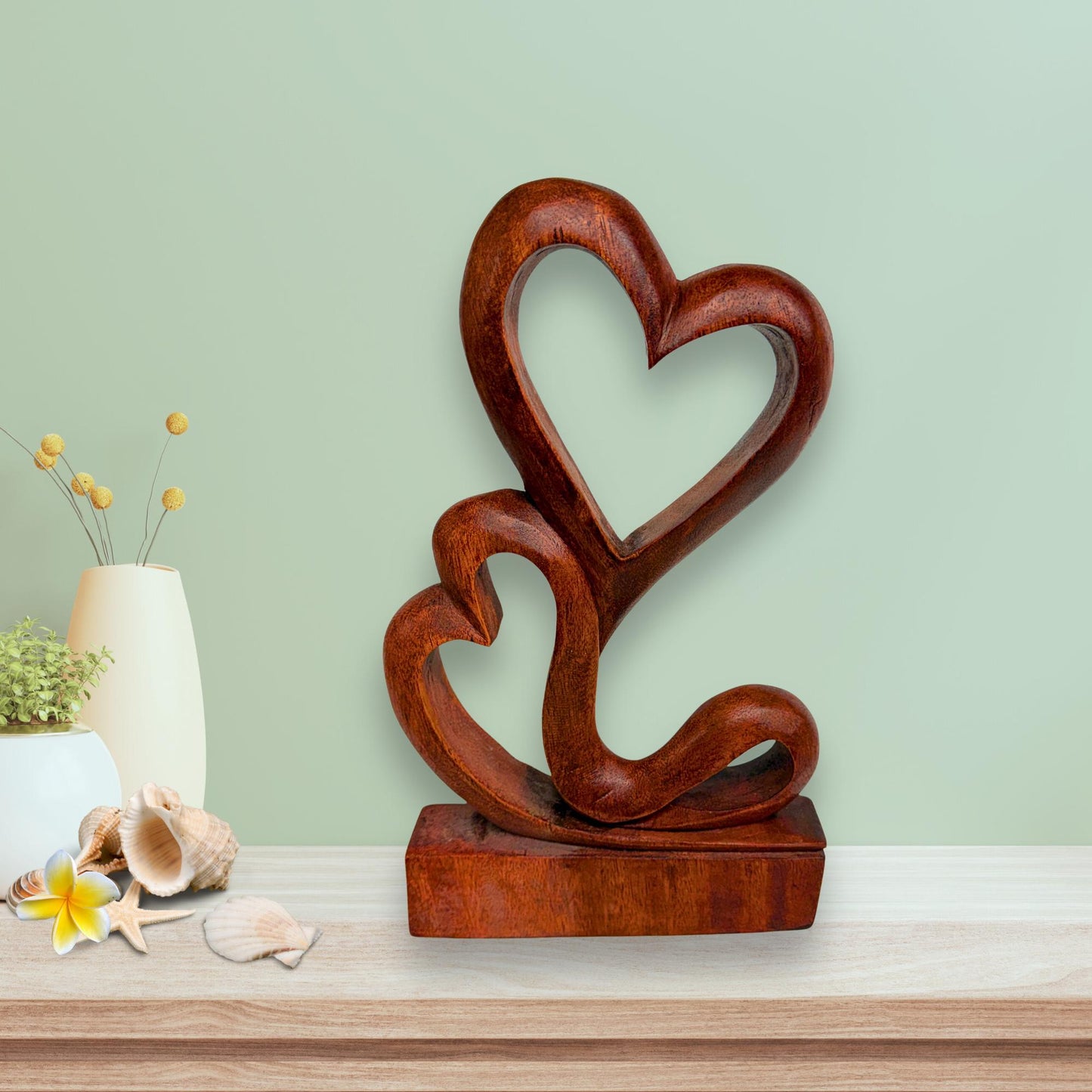 Balinese Abstract Twin Heart Sculpture - Hand Carved Wood Statue Bali art