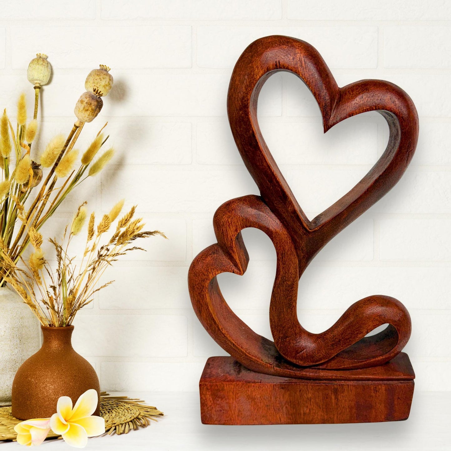 Balinese Abstract Twin Heart Sculpture - Hand Carved Wood Statue Bali art