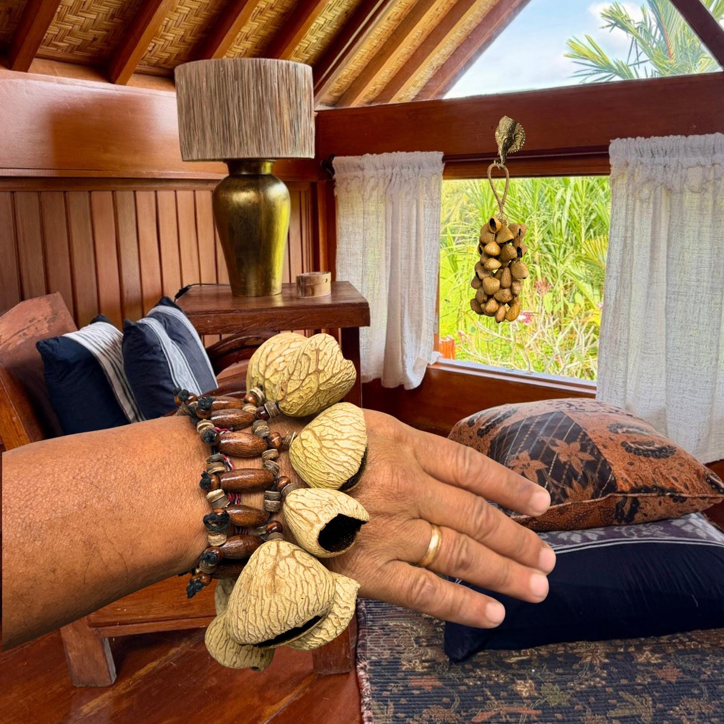 Pangi Nut Percussion Bracelet Rattle,  Natural Keluwak Seed Shaker - Sound Healing Bell