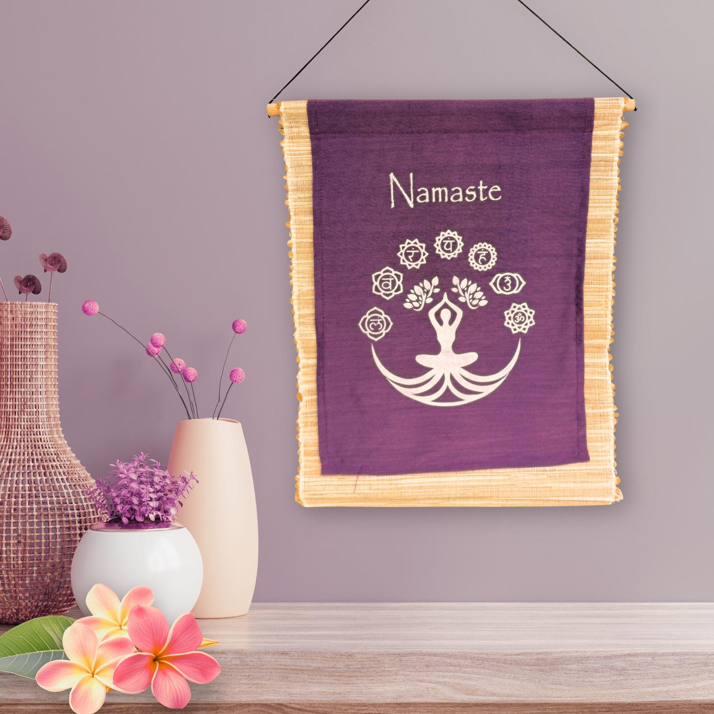 Purple Namaste Cakra Banner: Hand-Woven Abaca Fiber Affirmation Wall Art