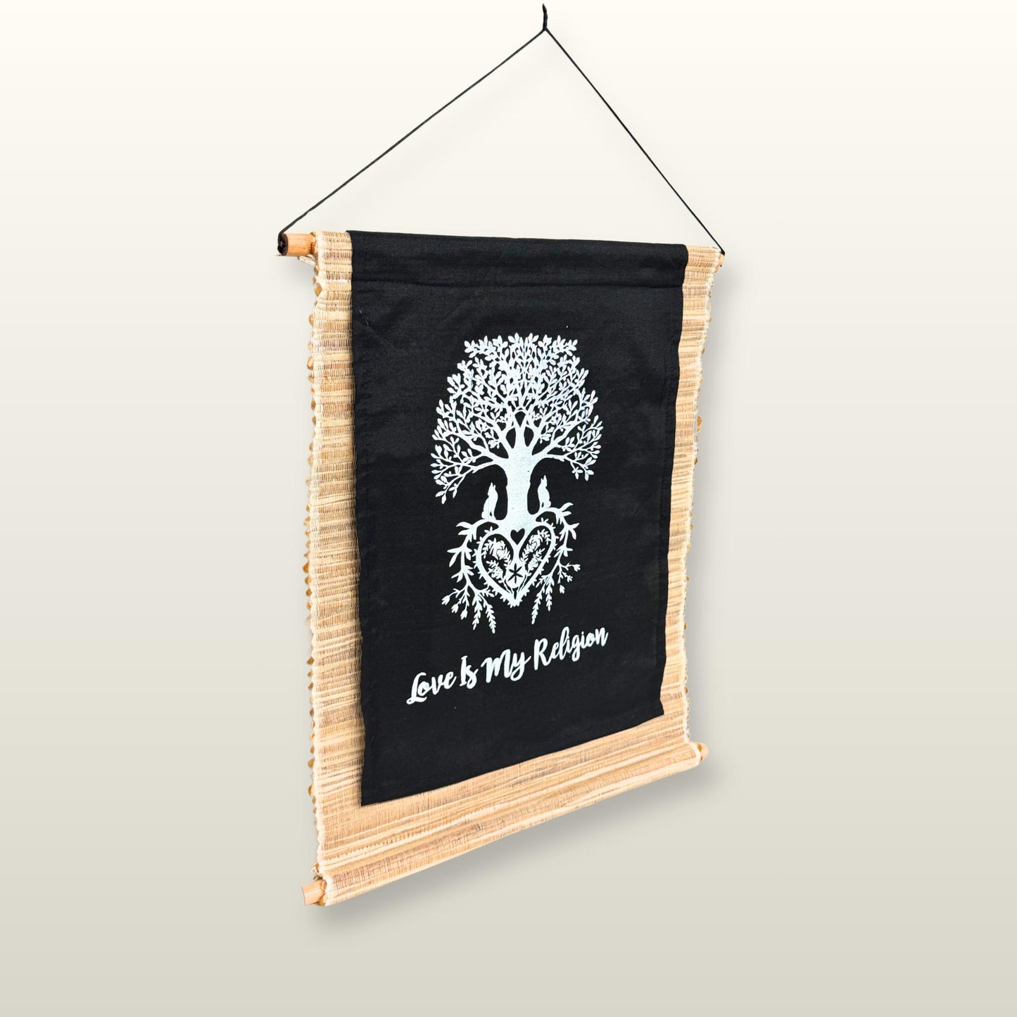 Love is My Religion Woven Abaca Fiber Banner: Tree of Life Affirmation Wall Art