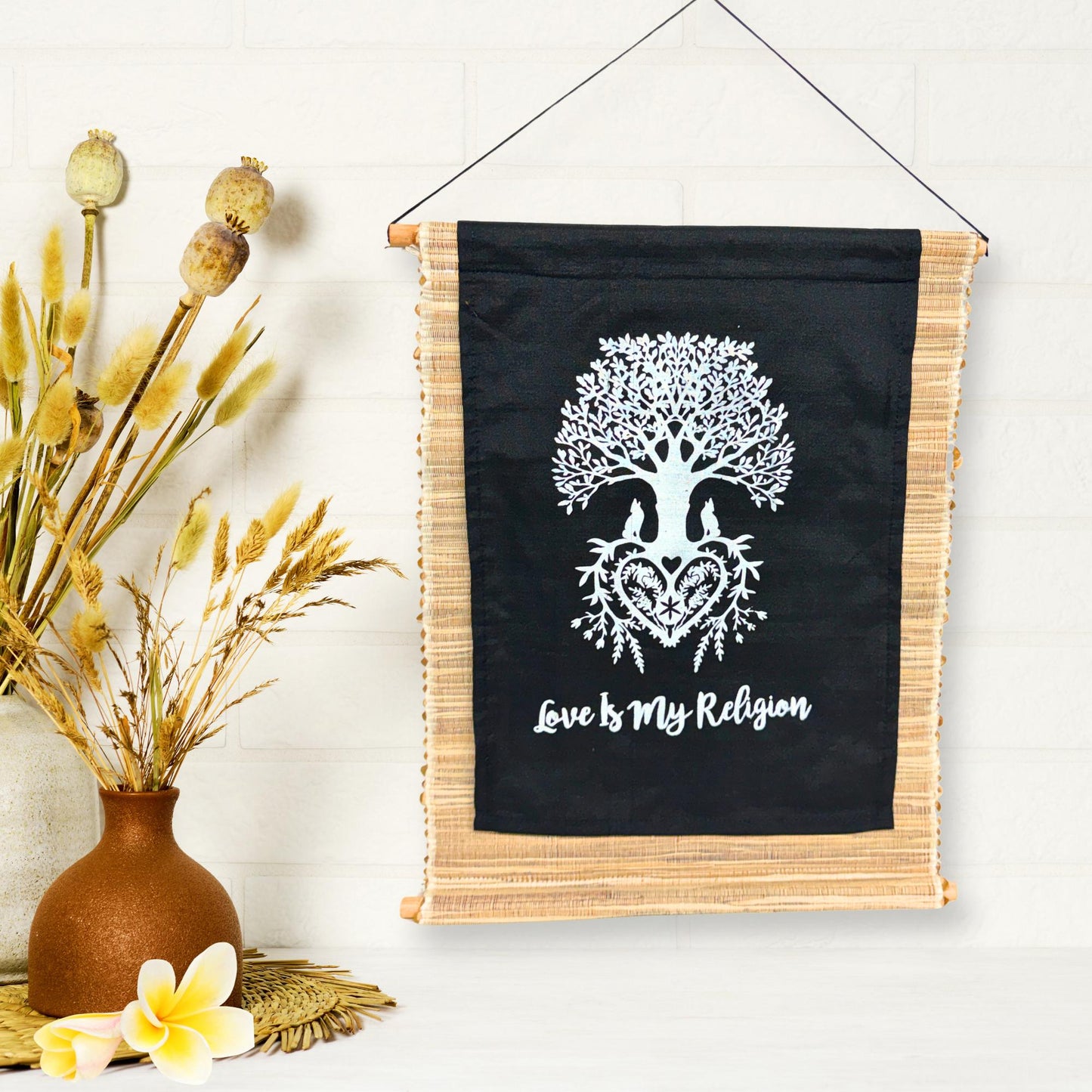 Love is My Religion Woven Abaca Fiber Banner: Tree of Life Affirmation Wall Art