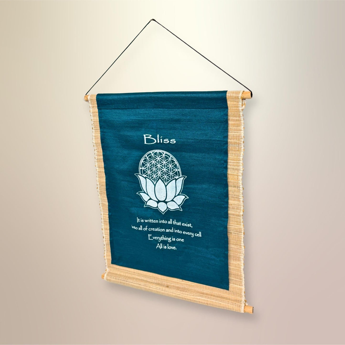 Teal All is Love Hand-Woven Abaca Fiber Flower of Life Affirmation Wall Art