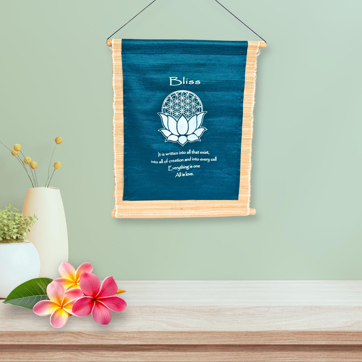 Teal All is Love Hand-Woven Abaca Fiber Flower of Life Affirmation Wall Art