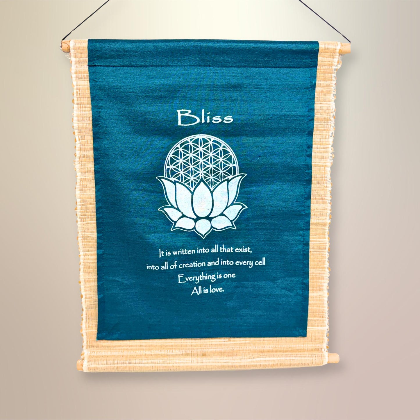 Teal All is Love Hand-Woven Abaca Fiber Flower of Life Affirmation Wall Art