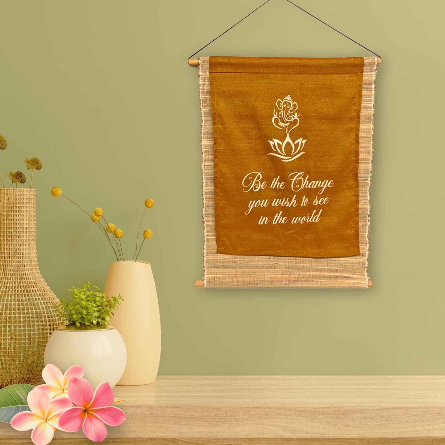 Orange Ganesha Transformation Inspirational Banner: Hand-Woven Abaca Fiber Affirmation Wall Art
