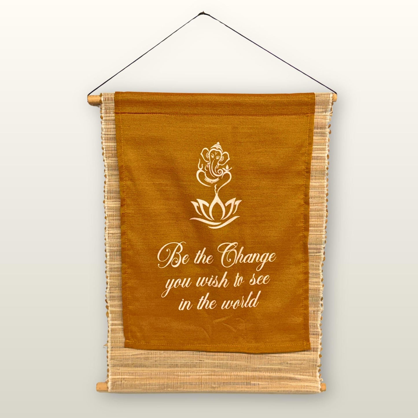 Orange Ganesha Transformation Inspirational Banner: Hand-Woven Abaca Fiber Affirmation Wall Art