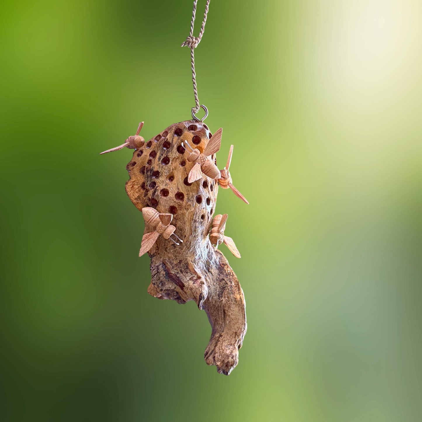 Honey Bee Honeycomb Carved Hanging Mobile - Balinese Parasite Mushroom Wood Honeybee Carving