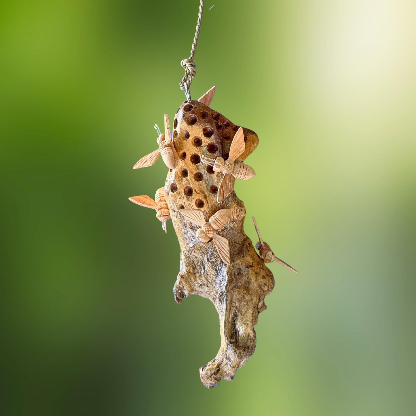 Honey Bee Honeycomb Carved Hanging Mobile - Balinese Parasite Mushroom Wood Honeybee Carving