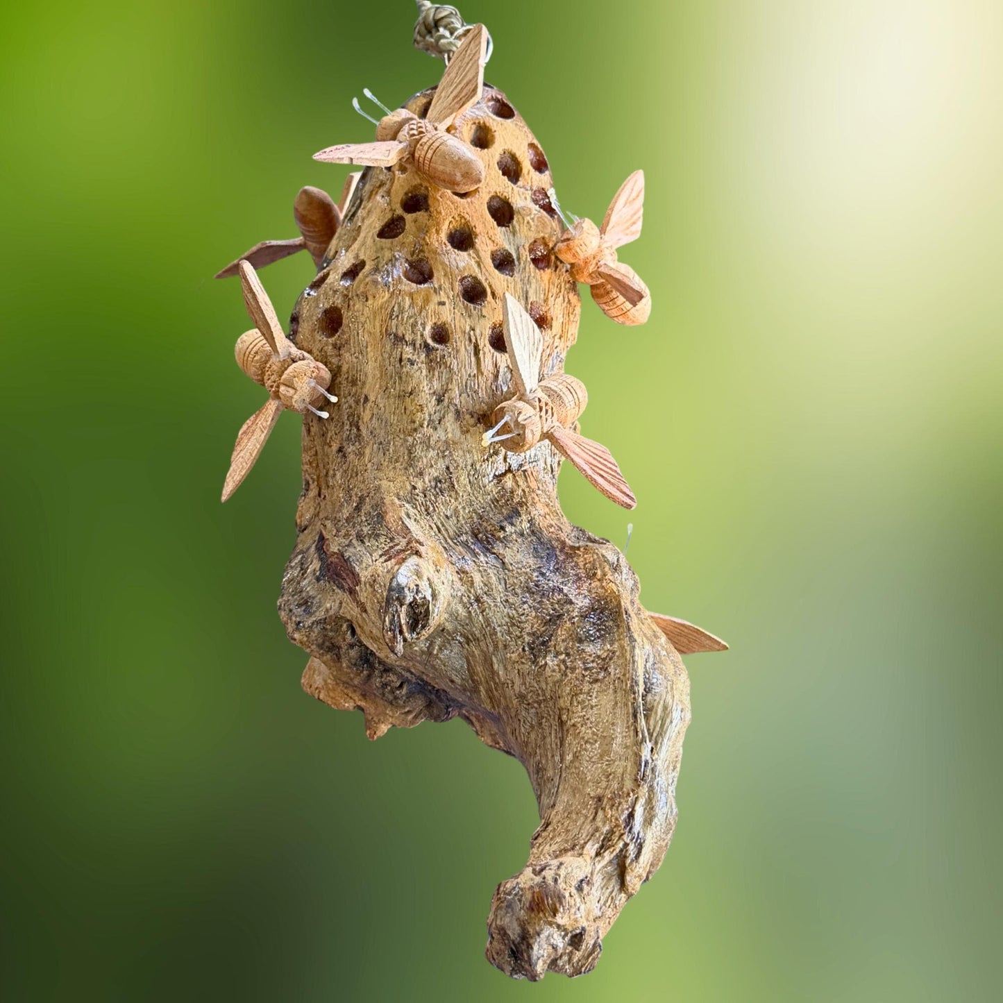 Honey Bee Honeycomb Carved Hanging Mobile - Balinese Parasite Mushroom Wood Honeybee Carving