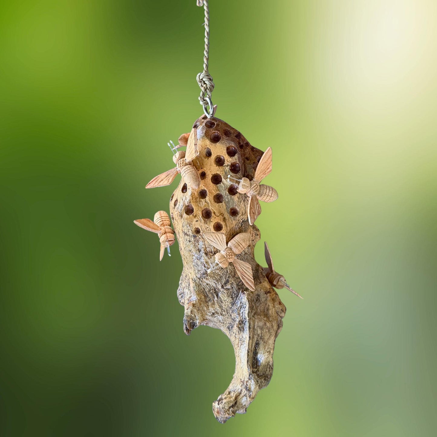 Honey Bee Honeycomb Carved Hanging Mobile - Balinese Parasite Mushroom Wood Honeybee Carving