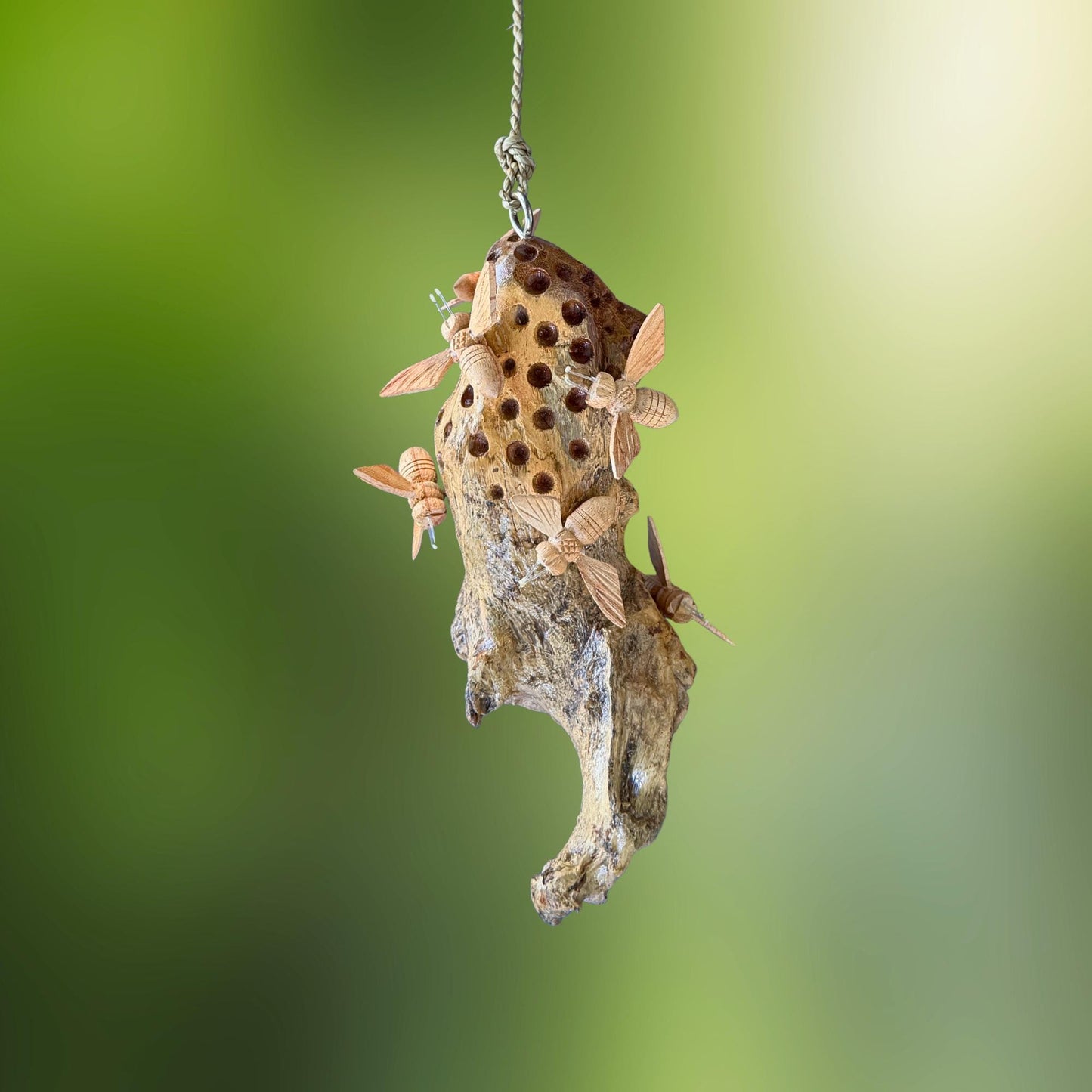 Honey Bee Honeycomb Carved Hanging Mobile - Balinese Parasite Mushroom Wood Honeybee Carving